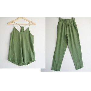 Grana Women 100% Silk 2-Piece Set Olive Green Racerback Camisole Tapered Pant XS